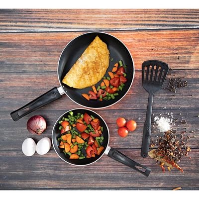 Royalford RF7802OR 3Pcs Aluminium Fry Pan 18 & 24 Cm with Slotted Turner - Non-Stick Fry Pan | Ergonomic Handle | Dishwasher Safe, Evenly Heating 2 Layer, Induction Base | Ideal for Frying Sauting Stir-Frying