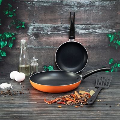 Royalford RF7802OR 3Pcs Aluminium Fry Pan 18 & 24 Cm with Slotted Turner - Non-Stick Fry Pan | Ergonomic Handle | Dishwasher Safe, Evenly Heating 2 Layer, Induction Base | Ideal for Frying Sauting Stir-Frying