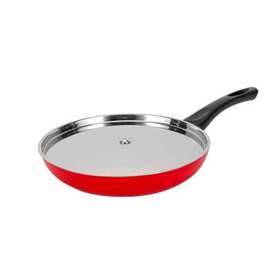 Royalford 28 cm Aluminum Nonstick Frypan with Stainless Steel Lid- RF12522/ Strong Body with 3 Layer Coating and Heat Resistant Bakelite Handle/ Perfect for Frying, Sauting, Tempering/ Red