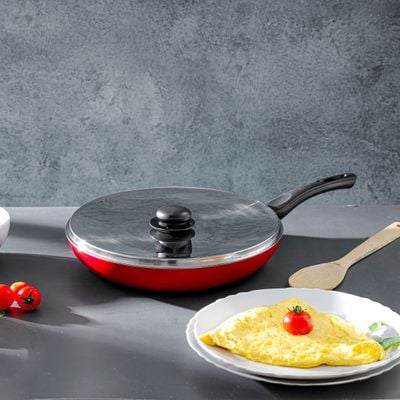 Royalford 28 cm Aluminum Nonstick Frypan with Stainless Steel Lid- RF12522/ Strong Body with 3 Layer Coating and Heat Resistant Bakelite Handle/ Perfect for Frying, Sauting, Tempering/ Red