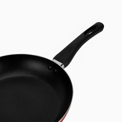 Royalford 28 cm Aluminum Nonstick Frypan with Stainless Steel Lid- RF12522/ Strong Body with 3 Layer Coating and Heat Resistant Bakelite Handle/ Perfect for Frying, Sauting, Tempering/ Red