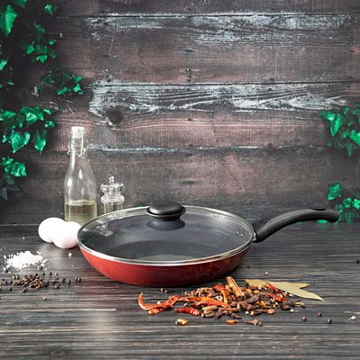 Royalford RF2953 Frying Pan, Aluminum Non-Stick Fry Pan, Lid | Ergonomic Handle | Saute Pan/Deep Frying Pan with Glass Lid | Suitable for Gas Hob | Ideal for Frying Sauting Stir Frying