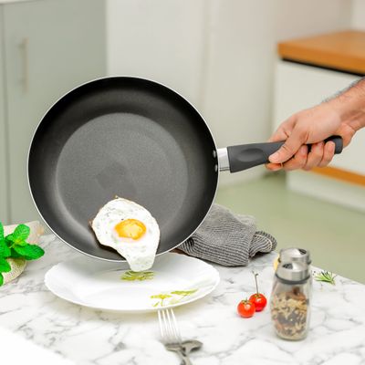 Royalford 28 CM Nonstick Frypan- RF12102| Strong Press Aluminum Body With Non-Stick Coating And Heat Resistant Bakelite Handle| Dot Induction Bottom, Compatible With Hot Plate, Halogen, Ceramic And Gas Stovetops| Perfect For Frying, Sauting, Tempering| Black 