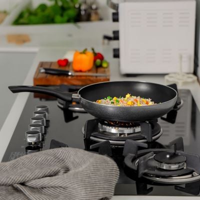 Royalford 30 CM Nonstick Frypan- RF12103| Strong Press Aluminum Body With Non-Stick Coating And Heat Resistant Bakelite Handle| Dot Induction Bottom, Compatible With Hot Plate, Halogen, Ceramic And Gas Stovetops| Perfect For Frying, Sauting, Tempering| Black 