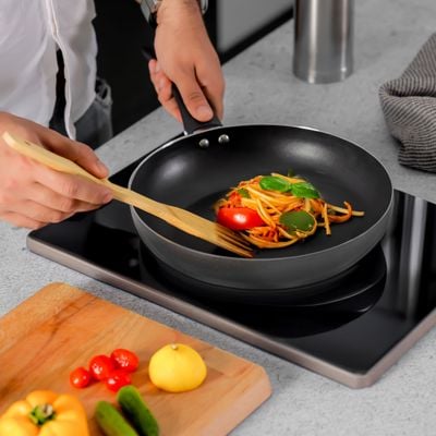 Royalford 30 CM Nonstick Frypan- RF12103| Strong Press Aluminum Body With Non-Stick Coating And Heat Resistant Bakelite Handle| Dot Induction Bottom, Compatible With Hot Plate, Halogen, Ceramic And Gas Stovetops| Perfect For Frying, Sauting, Tempering| Black 