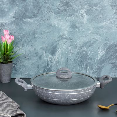 Royalford Smart Granite Series 28 CM Forged Aluminum Wok Pan with Granite Coating- RF11967| Stylish Design with Glass Lid and Soft Touch Handles, 5 Layer Construction| Induction Compatible, Perfect for Deep and Shallow Frying| Grey