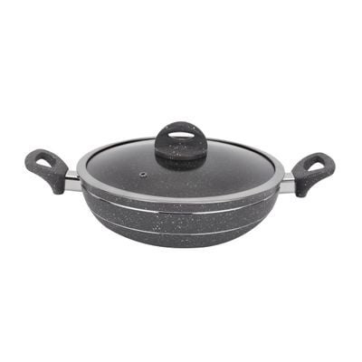 Royalford Smart Granite Series 28 CM Forged Aluminum Wok Pan with Granite Coating- RF11967| Stylish Design with Glass Lid and Soft Touch Handles, 5 Layer Construction| Induction Compatible, Perfect for Deep and Shallow Frying| Grey