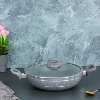 Royalford Smart Granite Series 26 CM Forged Aluminum Wok Pan with Granite Coating- RF11966| Stylish Design with Glass Lid and Soft Touch Handles, 5 Layer Construction| Induction Compatible, Perfect for Deep and Shallow Frying| Grey