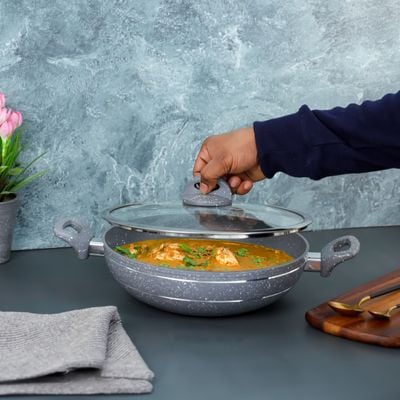 Royalford Smart Granite Series 26 CM Forged Aluminum Wok Pan with Granite Coating- RF11966| Stylish Design with Glass Lid and Soft Touch Handles, 5 Layer Construction| Induction Compatible, Perfect for Deep and Shallow Frying| Grey