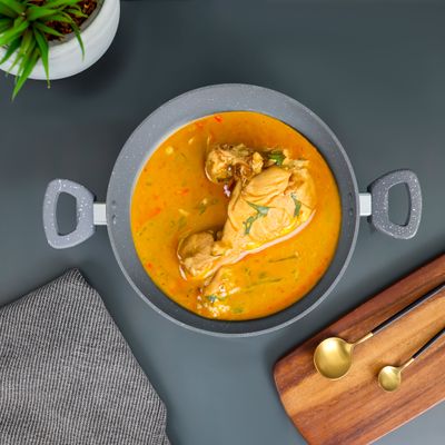 Royalford Smart Granite Series 26 CM Forged Aluminum Wok Pan with Granite Coating- RF11966| Stylish Design with Glass Lid and Soft Touch Handles, 5 Layer Construction| Induction Compatible, Perfect for Deep and Shallow Frying| Grey