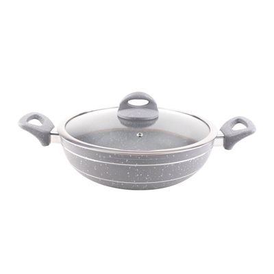 Royalford Smart Granite Series 26 CM Forged Aluminum Wok Pan with Granite Coating- RF11966| Stylish Design with Glass Lid and Soft Touch Handles, 5 Layer Construction| Induction Compatible, Perfect for Deep and Shallow Frying| Grey