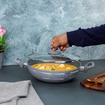 Royalford Smart Granite Series 30 CM Forged Aluminum Wok Pan with Granite Coating- RF11968| Stylish Design with Glass Lid and Soft Touch Handles, 5 Layer Construction| Induction Compatible, Perfect for Deep and Shallow Frying| Grey