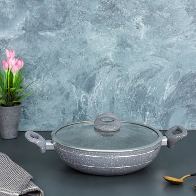 Royalford Smart Granite Series 30 CM Forged Aluminum Wok Pan with Granite Coating- RF11968| Stylish Design with Glass Lid and Soft Touch Handles, 5 Layer Construction| Induction Compatible, Perfect for Deep and Shallow Frying| Grey