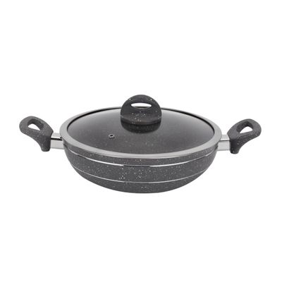 Royalford Smart Granite Series 30 CM Forged Aluminum Wok Pan with Granite Coating- RF11968| Stylish Design with Glass Lid and Soft Touch Handles, 5 Layer Construction| Induction Compatible, Perfect for Deep and Shallow Frying| Grey