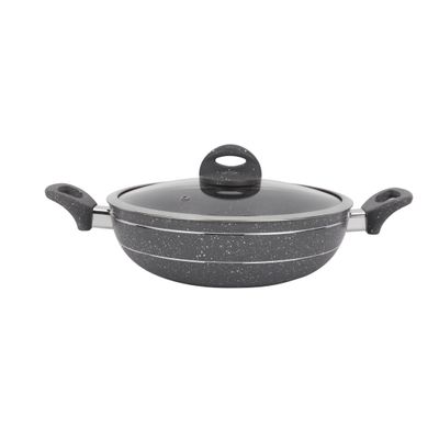 Royalford Smart Granite Series 30 CM Forged Aluminum Wok Pan with Granite Coating- RF11968| Stylish Design with Glass Lid and Soft Touch Handles, 5 Layer Construction| Induction Compatible, Perfect for Deep and Shallow Frying| Grey