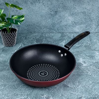 Royalford 28 CM Carbon Steel Wok Pan with Non-Stick Coating- RF12121 |Stylish Design with Soft Touch Handles, Spiral Design Bottom | Induction Compatible, Perfect for Deep and Shallow Frying| Maroon