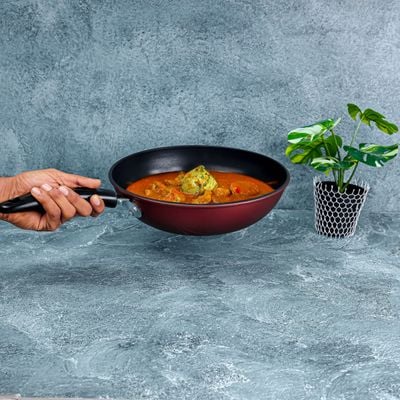 Royalford 28 CM Carbon Steel Wok Pan with Non-Stick Coating- RF12121 |Stylish Design with Soft Touch Handles, Spiral Design Bottom | Induction Compatible, Perfect for Deep and Shallow Frying| Maroon