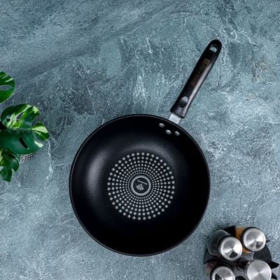 Royalford 28 CM Carbon Steel Wok Pan with Non-Stick Coating- RF12121 |Stylish Design with Soft Touch Handles, Spiral Design Bottom | Induction Compatible, Perfect for Deep and Shallow Frying| Maroon