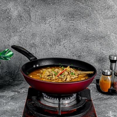 Royalford 28 CM Carbon Steel Wok Pan with Non-Stick Coating- RF12121 |Stylish Design with Soft Touch Handles, Spiral Design Bottom | Induction Compatible, Perfect for Deep and Shallow Frying| Maroon