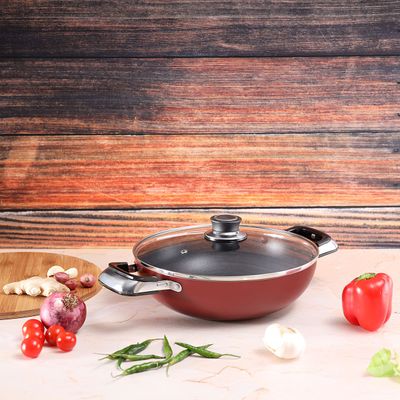 Royalford RF2949 Aluminium Wok Pan with Glass Lid | 30 CM | Induction Safe Frying Pan with Durable Non-Stick Granite Coating | Dishwasher Safe |Frypan with Glass Lid & Heat-Resistant Handles - Cookware Casserole Pan