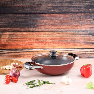 Royalford RF2949 Aluminium Wok Pan with Glass Lid | 30 CM | Induction Safe Frying Pan with Durable Non-Stick Granite Coating | Dishwasher Safe |Frypan with Glass Lid & Heat-Resistant Handles - Cookware Casserole Pan