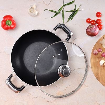 Royalford RF2949 Aluminium Wok Pan with Glass Lid | 30 CM | Induction Safe Frying Pan with Durable Non-Stick Granite Coating | Dishwasher Safe |Frypan with Glass Lid & Heat-Resistant Handles - Cookware Casserole Pan