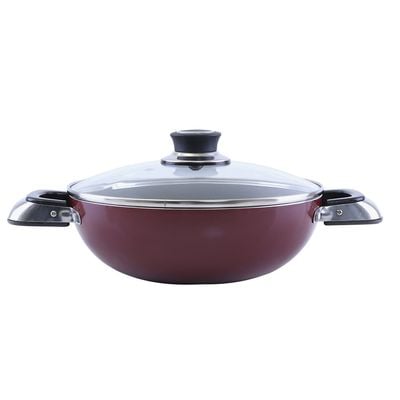 Royalford RF2947 Aluminium Wok Pan with Glass Lid | 22 CM | Induction Safe Frying Pan with Durable Non-Stick Granite Coating | Dishwasher Safe |Glass Lid & Heat-Resistant Handles - Cookware Casserole Pan