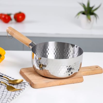 Royalford 18 CM Stainless Steel Snow Pot- RF12260| Stylish Design with Hammered Mesh Pattern and Wooden Handle| Saucepan Perfect for Making Sauces, Reducing, Browning, Sauting, Etc., Induction Compatible | Silver