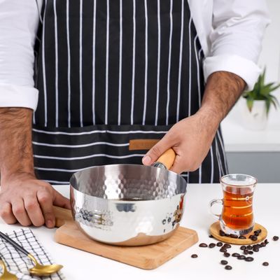 Royalford 18 CM Stainless Steel Snow Pot- RF12260| Stylish Design with Hammered Mesh Pattern and Wooden Handle| Saucepan Perfect for Making Sauces, Reducing, Browning, Sauting, Etc., Induction Compatible | Silver