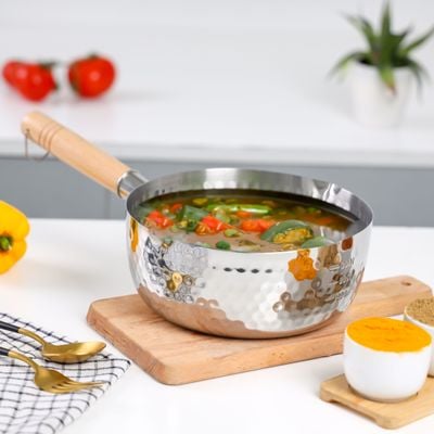 Royalford 18 CM Stainless Steel Snow Pot- RF12260| Stylish Design with Hammered Mesh Pattern and Wooden Handle| Saucepan Perfect for Making Sauces, Reducing, Browning, Sauting, Etc., Induction Compatible | Silver