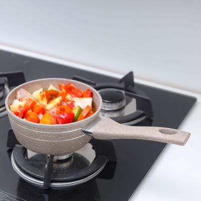 Royalford RF9473BGE 16 Cm Smart Nonstick Sauce Pan- Portable Granite Nonstick Sauce Pan, Glass Lid with Steam Vent | Induction Base, Ergonomic Handle | PFOA & PTFE Free | Ideal for Frying, Searing, & Browning 