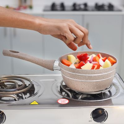 Royalford RF9473BGE 16 Cm Smart Nonstick Sauce Pan- Portable Granite Nonstick Sauce Pan, Glass Lid with Steam Vent | Induction Base, Ergonomic Handle | PFOA & PTFE Free | Ideal for Frying, Searing, & Browning 