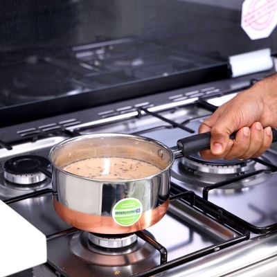 Royalford Saucepan 17 CM - Stainless Steel with Copper Base - Comfortable Handle with Hanging Loop | High Temperature Resistant | Pouring Lip | Ideal for Milk, Melting Butter, Boiling Eggs & More