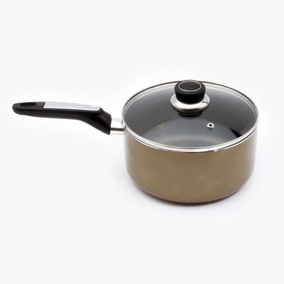 Royalford RF2962 Non-Stick Enamel Aluminium Saucepan | 20cm | with Glass Lid | Portable Cool Touch Handle with Hanging Loop | Induction & Dishwasher Safe|Healthy Cooking | Ideal for Home Hotel & More