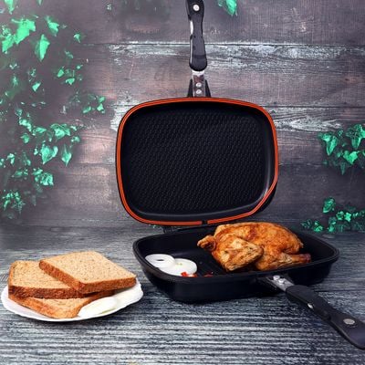 Royalford RF5515 Double Grill Pan, 32 cm - Magnetic Locking, Die-Cast Double Sided Non-Stick Griddle Pan - Foldable Flipping Grill Frying Pan - Camping Cookware Steak Grill Saucepan - Ideal for Grill Fry Roast Steam