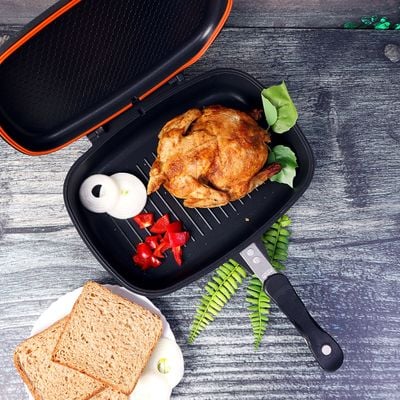 Royalford RF5515 Double Grill Pan, 32 cm - Magnetic Locking, Die-Cast Double Sided Non-Stick Griddle Pan - Foldable Flipping Grill Frying Pan - Camping Cookware Steak Grill Saucepan - Ideal for Grill Fry Roast Steam