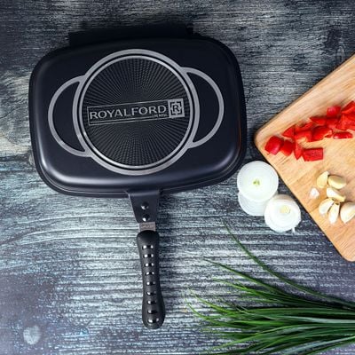 Royalford RF5515 Double Grill Pan, 32 cm - Magnetic Locking, Die-Cast Double Sided Non-Stick Griddle Pan - Foldable Flipping Grill Frying Pan - Camping Cookware Steak Grill Saucepan - Ideal for Grill Fry Roast Steam