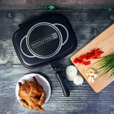 Royalford RF5515 Double Grill Pan, 32 cm - Magnetic Locking, Die-Cast Double Sided Non-Stick Griddle Pan - Foldable Flipping Grill Frying Pan - Camping Cookware Steak Grill Saucepan - Ideal for Grill Fry Roast Steam