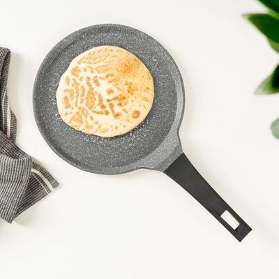 Royalford 28 CM Die Cast Crepe Tawa- RF8590| Cast Aluminum Body with Non-Stick Marble Coating, Bakelite Handle | Tawa For Crepe, Pancake, Roti, Chapatti, Dosa| Induction Bottom, Dishwasher-Safe| Grey