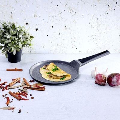 Royalford 28 CM Die Cast Crepe Tawa- RF8590| Cast Aluminum Body with Non-Stick Marble Coating, Bakelite Handle | Tawa For Crepe, Pancake, Roti, Chapatti, Dosa| Induction Bottom, Dishwasher-Safe| Grey