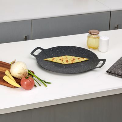 Royalford 34 cm Deep Tawa- RF12507/ Aluminum Body with Granite Non-Stick Coating, for Roti, Chapatti, Dosa, Tortilla, Crepe, Pancake, etc./ Multi-Purpose Flat Skillet Pan, Compatible with Induction, Hotplate, Halogen, Ceramic Gas Types, PFOA Free and PTFE Free/ Black