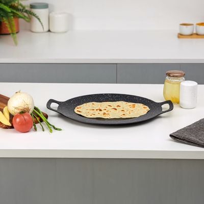 Royalford 34 cm Deep Tawa- RF12507/ Aluminum Body with Granite Non-Stick Coating, for Roti, Chapatti, Dosa, Tortilla, Crepe, Pancake, etc./ Multi-Purpose Flat Skillet Pan, Compatible with Induction, Hotplate, Halogen, Ceramic Gas Types, PFOA Free and PTFE Free/ Black