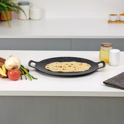 Royalford 30 cm Deep Tawa- RF12506/ Aluminum Body with Granite Non-Stick Coating, for Roti, Chapatti, Dosa, Tortilla, Crepe, Pancake, etc./ Multi-Purpose Flat Skillet Pan, Compatible with Induction, Hotplate, Halogen, Ceramic Gas Types, PFOA Free and PTFE Free/ Black