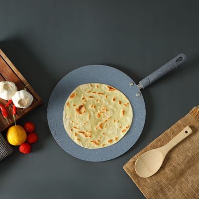 Royalford 26 cm Roti Tawa- RF12565/ Aluminium with Marble Non-Stick Coating, for Chapatti, Dosa, Tortilla, Crepe, Pancake, etc./ Heat Resistant Bakelite Handle, Multi-Purpose Flat Skillet Pan, Compatible with Induction, Hotplate, Halogen, Ceramic Gas Types, Dishwasher Safe/ Grey