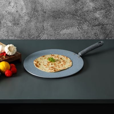 Royalford 26 cm Roti Tawa- RF12565/ Aluminium with Marble Non-Stick Coating, for Chapatti, Dosa, Tortilla, Crepe, Pancake, etc./ Heat Resistant Bakelite Handle, Multi-Purpose Flat Skillet Pan, Compatible with Induction, Hotplate, Halogen, Ceramic Gas Types, Dishwasher Safe/ Grey