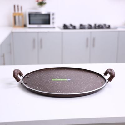 Royalford RF8378 Aluminium Round Tawa with Granite Finish | 35cm | Heat Resistant Handle 5 Layer Non-Stick Surface with 4.5mm Thickness Suitable for Crepe Chapatti Pancakes Roti Dosa Flatbread or Naan Bread 