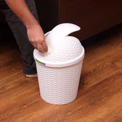 Royalford Woven Swing Trash Bin- RF12637/ Plastic Dustbin with Swinging Lid/ Woven Design, Can for Home, Office, Bathroom, School, Shopping Mall, Restaurant/ Grey