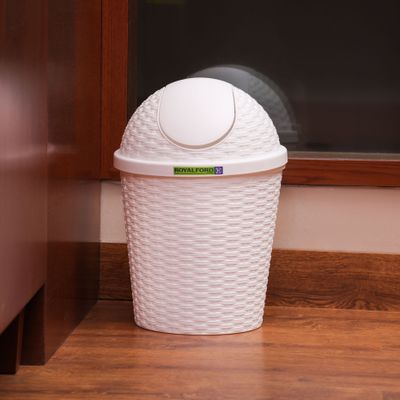 Royalford Woven Swing Trash Bin- RF12637/ Plastic Dustbin with Swinging Lid/ Woven Design, Can for Home, Office, Bathroom, School, Shopping Mall, Restaurant/ Grey