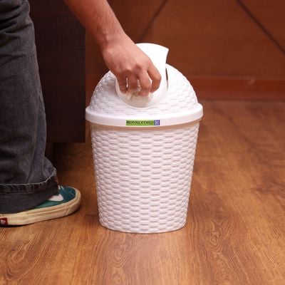 Royalford Woven Swing Trash Bin- RF12637/ Plastic Dustbin with Swinging Lid/ Woven Design, Can for Home, Office, Bathroom, School, Shopping Mall, Restaurant/ Grey