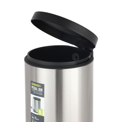 Royalford 8L Pedal Dustbin- RF12243| Pedal Bin for Waste Disposal, with Plastic Bag Fixer| Trash Can for Home, Office, Bathroom, School, Restaurant| Premium Quality Stainless steel Bin, Slow Closing Lid and Hands Free Opening| Silver